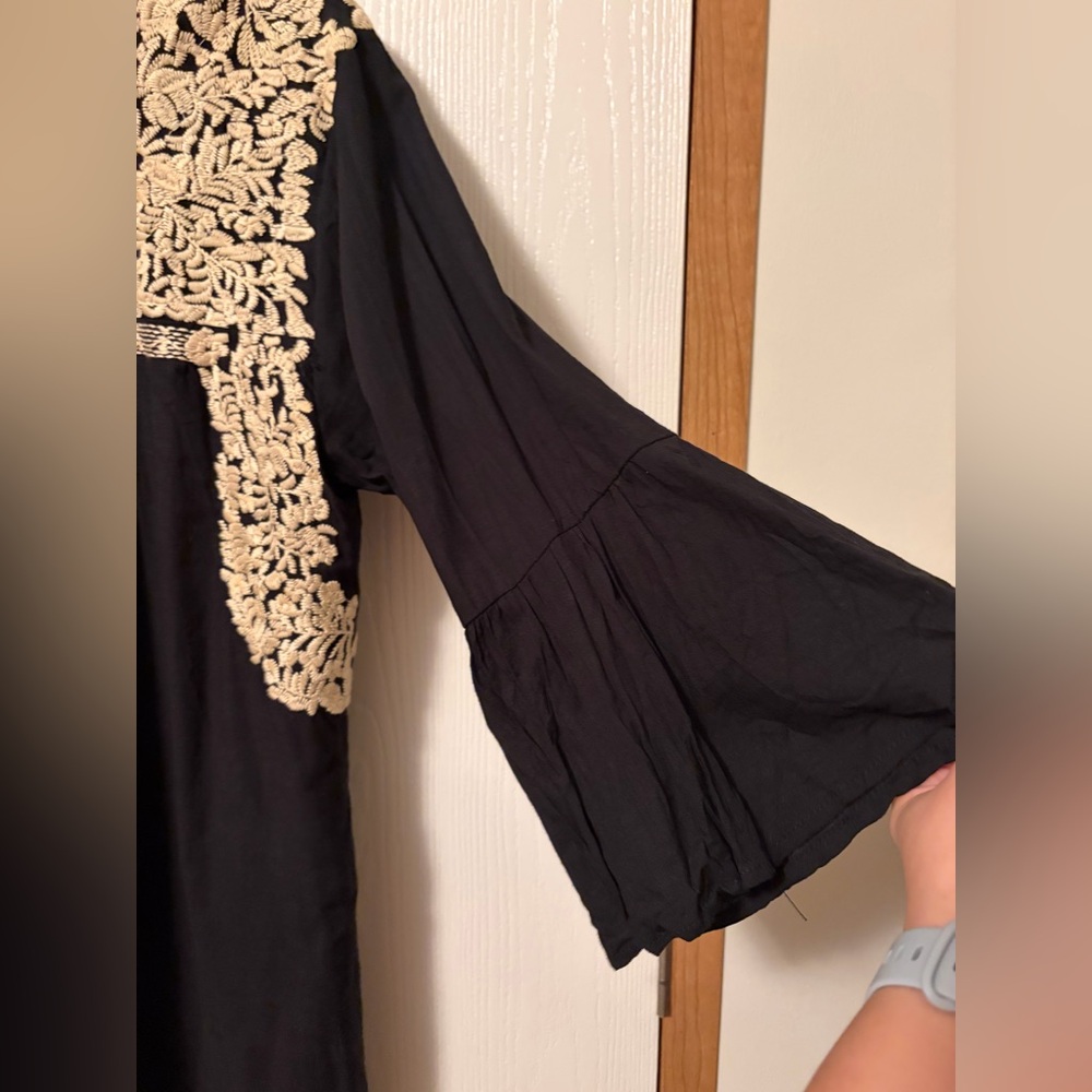 J. Marie Black Embroidered Linen Blend Tunic Dress with Cream Floral Yoke Large - Picture 7 of 11